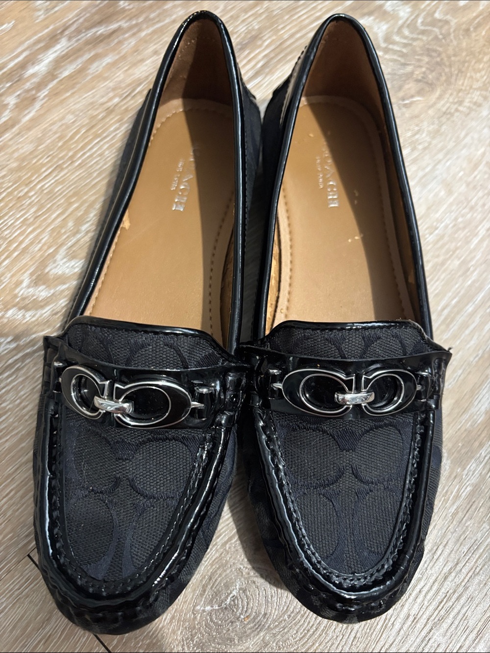 Coach Black Signature Canvas & Patent Leather Loafers with Silver Hardware